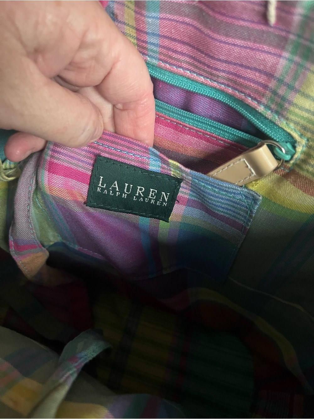 Ralph Lauren Multicolor Pastel Plaid Straw Tote with Cream Leather Handles large - Picture 5 of 7